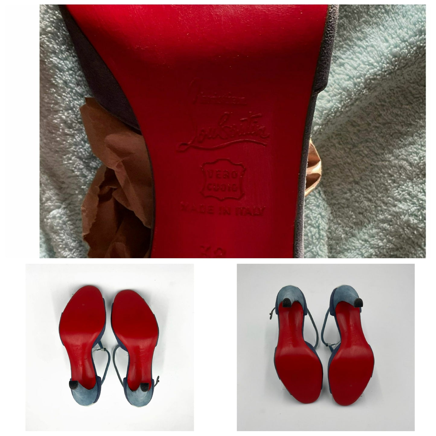 Louboutin high heels, featuring a suede texture and a gradient of light to dark blue, with the brand's distinctive red sole