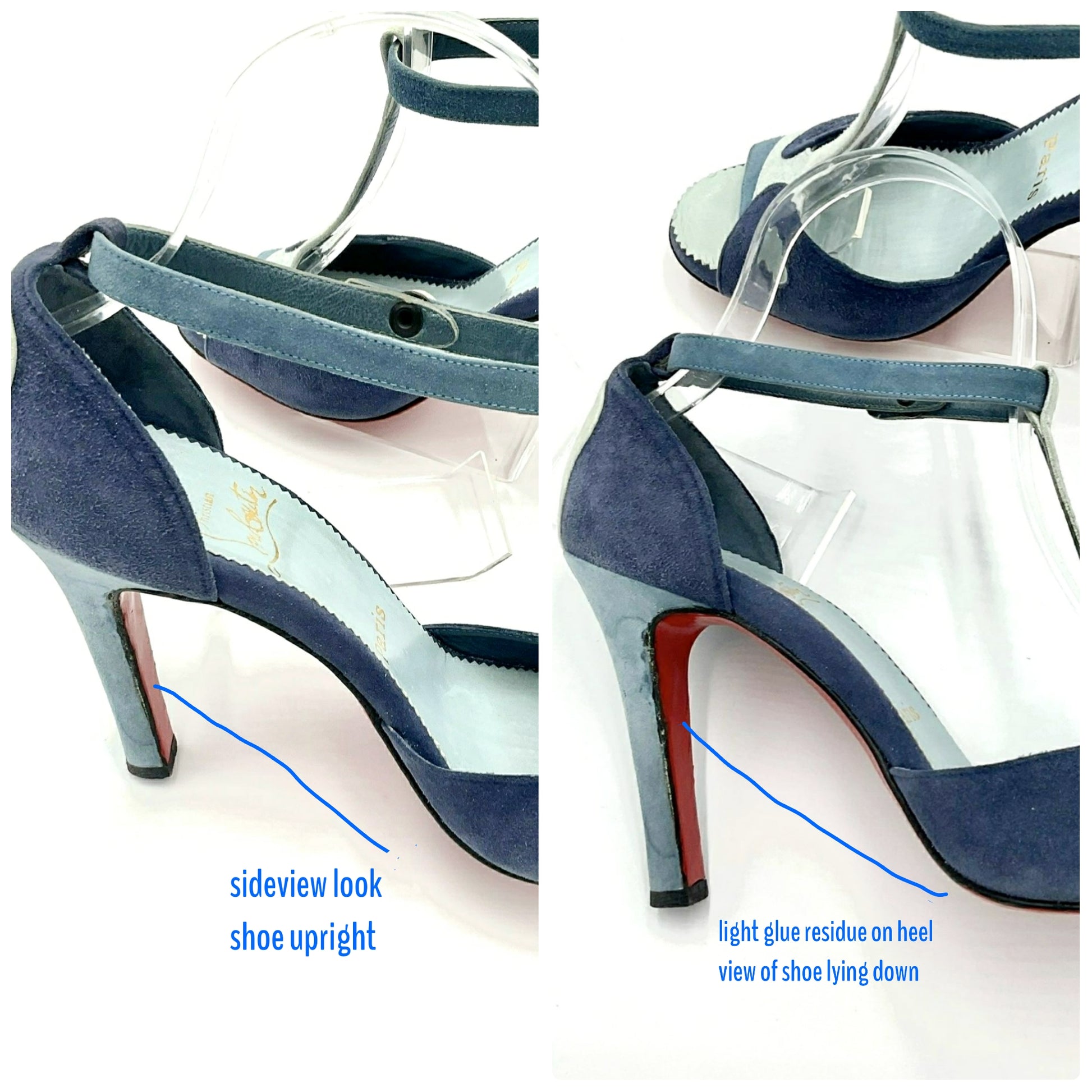 Louboutin high heels, featuring a suede texture and a gradient of light to dark blue, with the brand's distinctive red sole