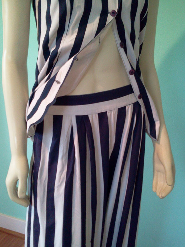 Vintage 1990's Funky Navy and White Palazzo Vertical Strip Pant Suit by String bean/Wrapper USA