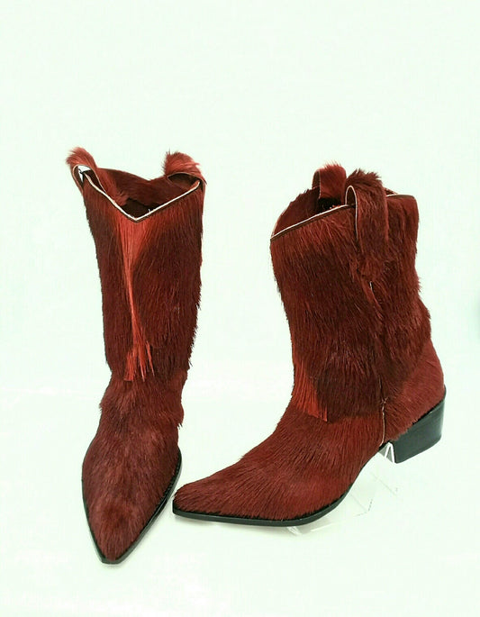 OVEST Italian Handcrafted Red Fur/Hair Cowboy Boots Size 40