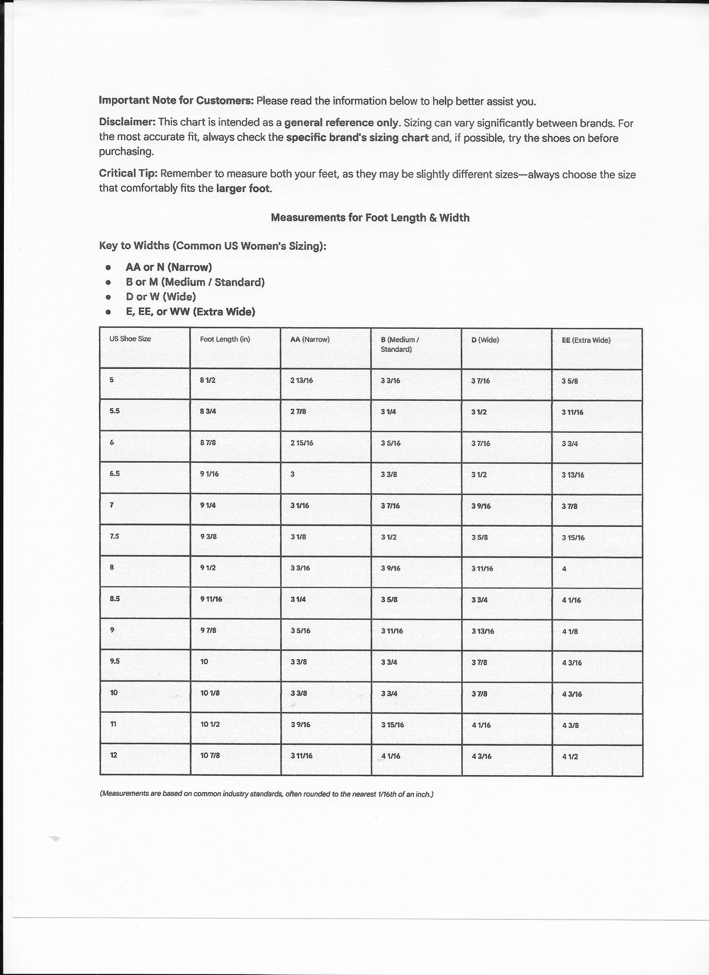 Measurement chart for women's shoes with width, and length,  dimensions. This chart is intended as a general reference only!