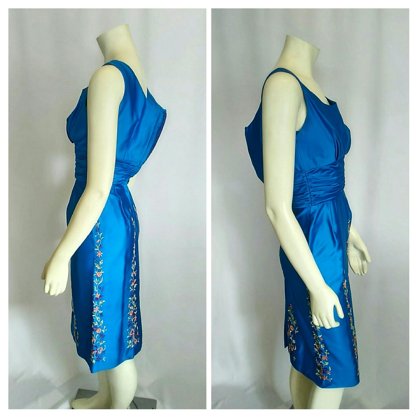 Vintage 1950's Gray Rose House of Fashion Royal Blue Satin Dress and Coat Ensemble