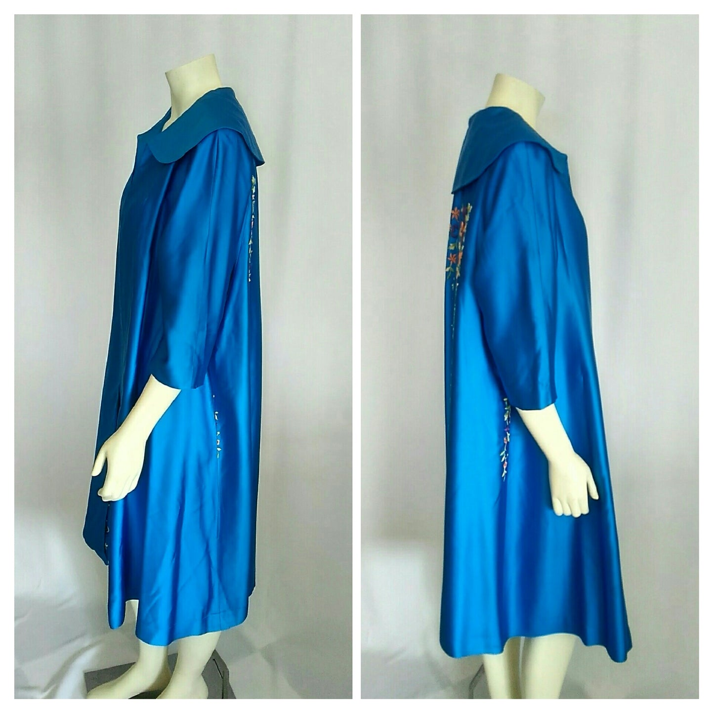 Vintage 1950's Gray Rose House of Fashion Royal Blue Satin Dress and Coat Ensemble