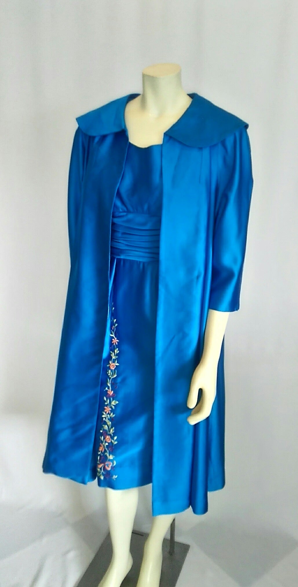Vintage 1950's Gray Rose House of Fashion Royal Blue Satin Dress and Coat Ensemble