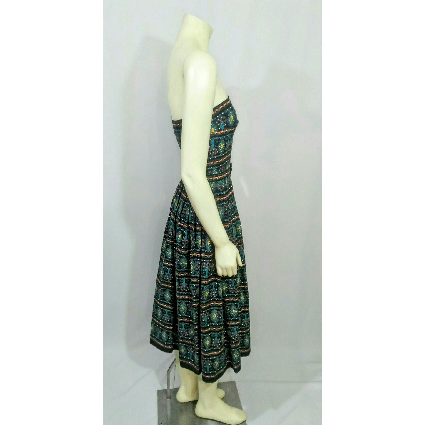 Vintage 1950’s Strapless Dress with Matching Shrug and Belt (Tree Patterned Design)