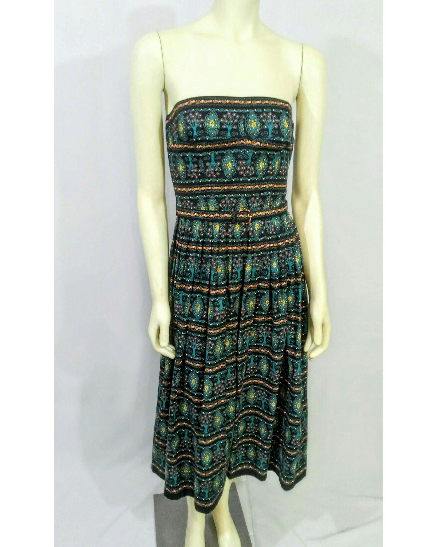 Vintage 1950’s Strapless Dress with Matching Shrug and Belt (Tree Patterned Design)