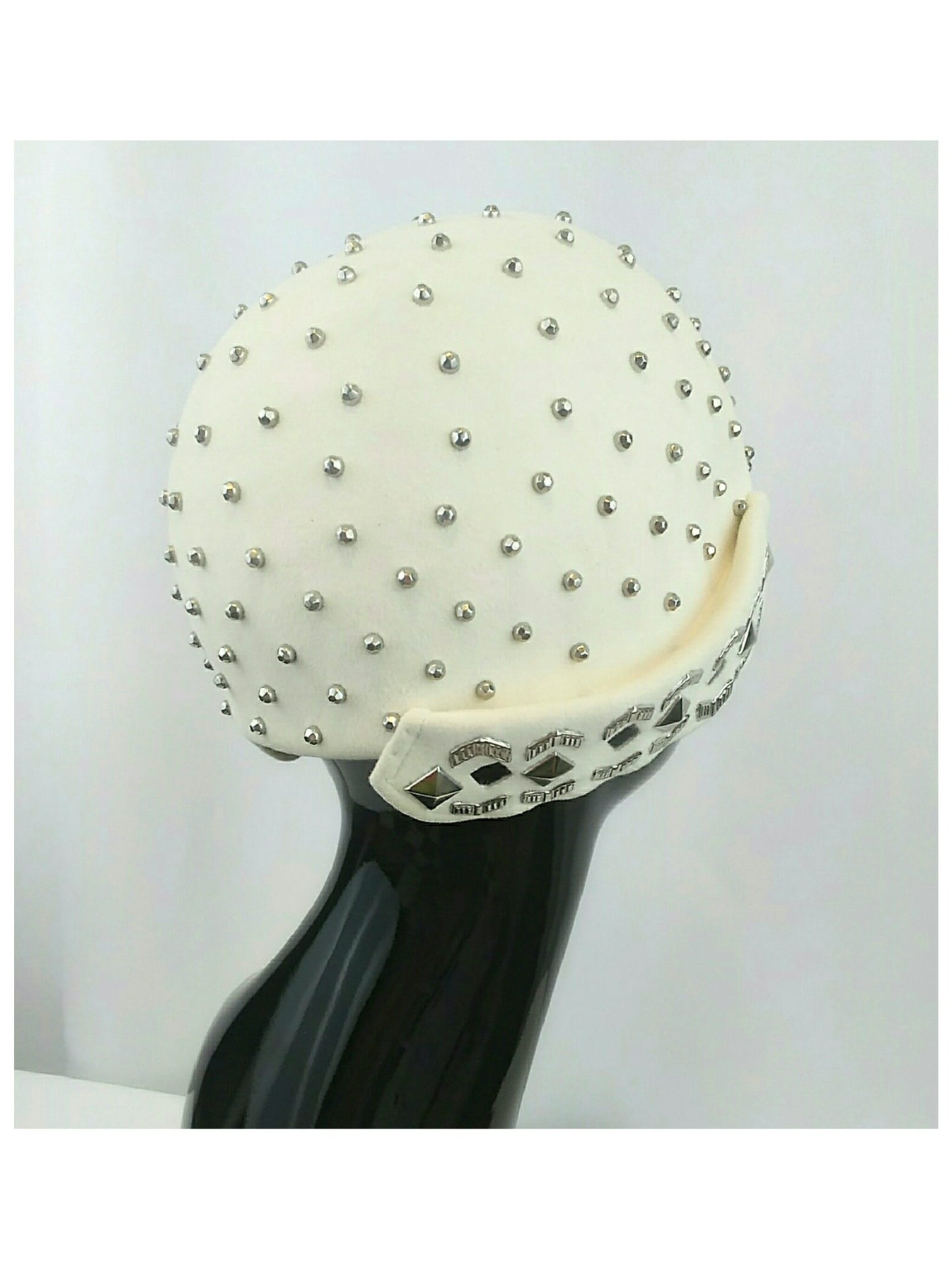 Rare 1950’s Yves Saint Laurent Studded White Felted Fur Cap with Geometric Details