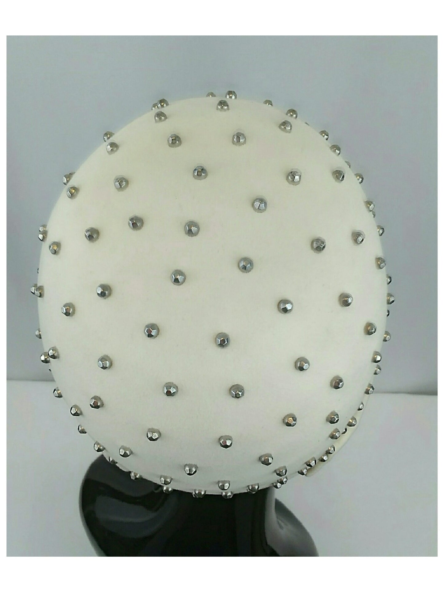 Rare 1950’s Yves Saint Laurent Studded White Felted Fur Cap with Geometric Details