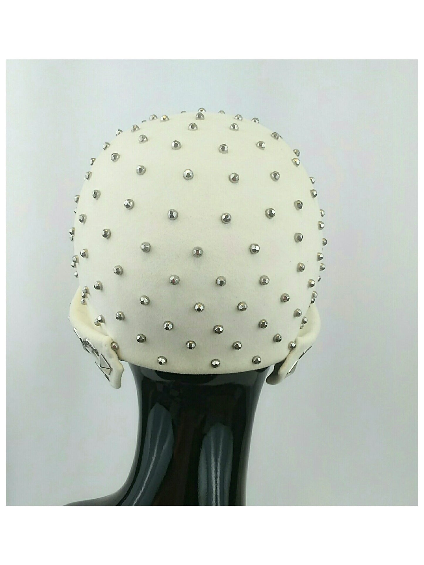 Rare 1950’s Yves Saint Laurent Studded White Felted Fur Cap with Geometric Details