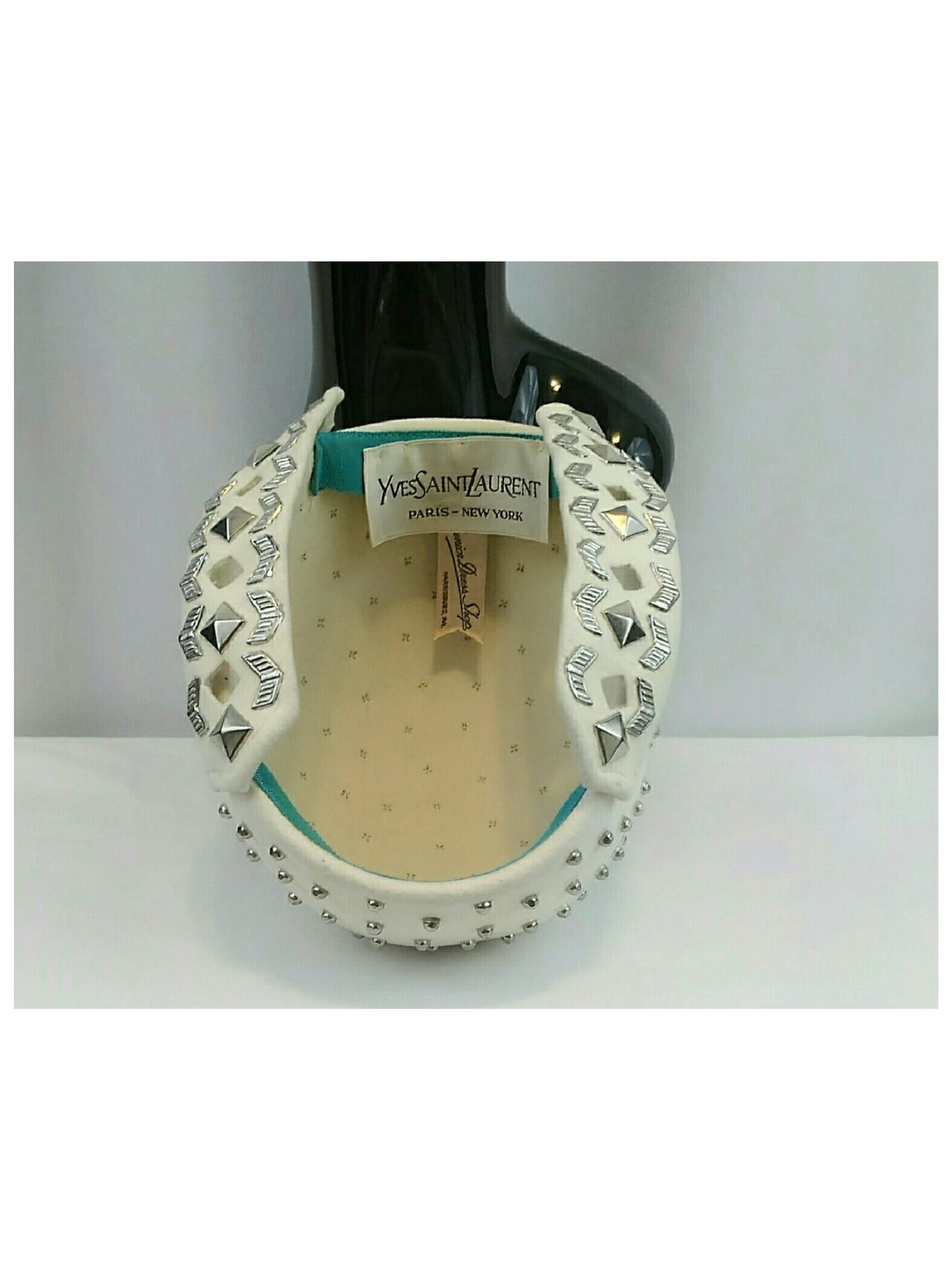Rare 1950’s Yves Saint Laurent Studded White Felted Fur Cap with Geometric Details