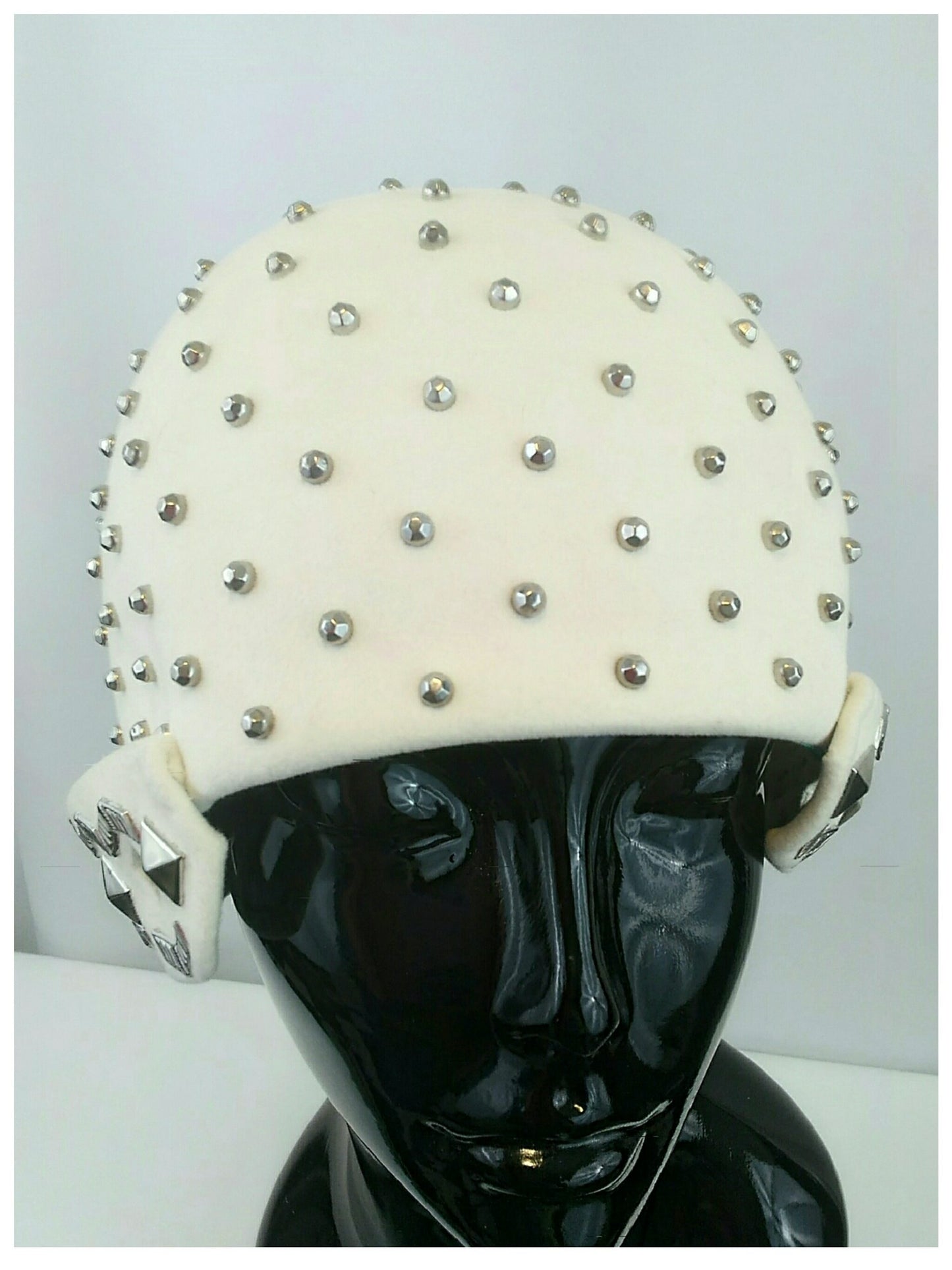 Rare 1950’s Yves Saint Laurent Studded White Felted Fur Cap with Geometric Details