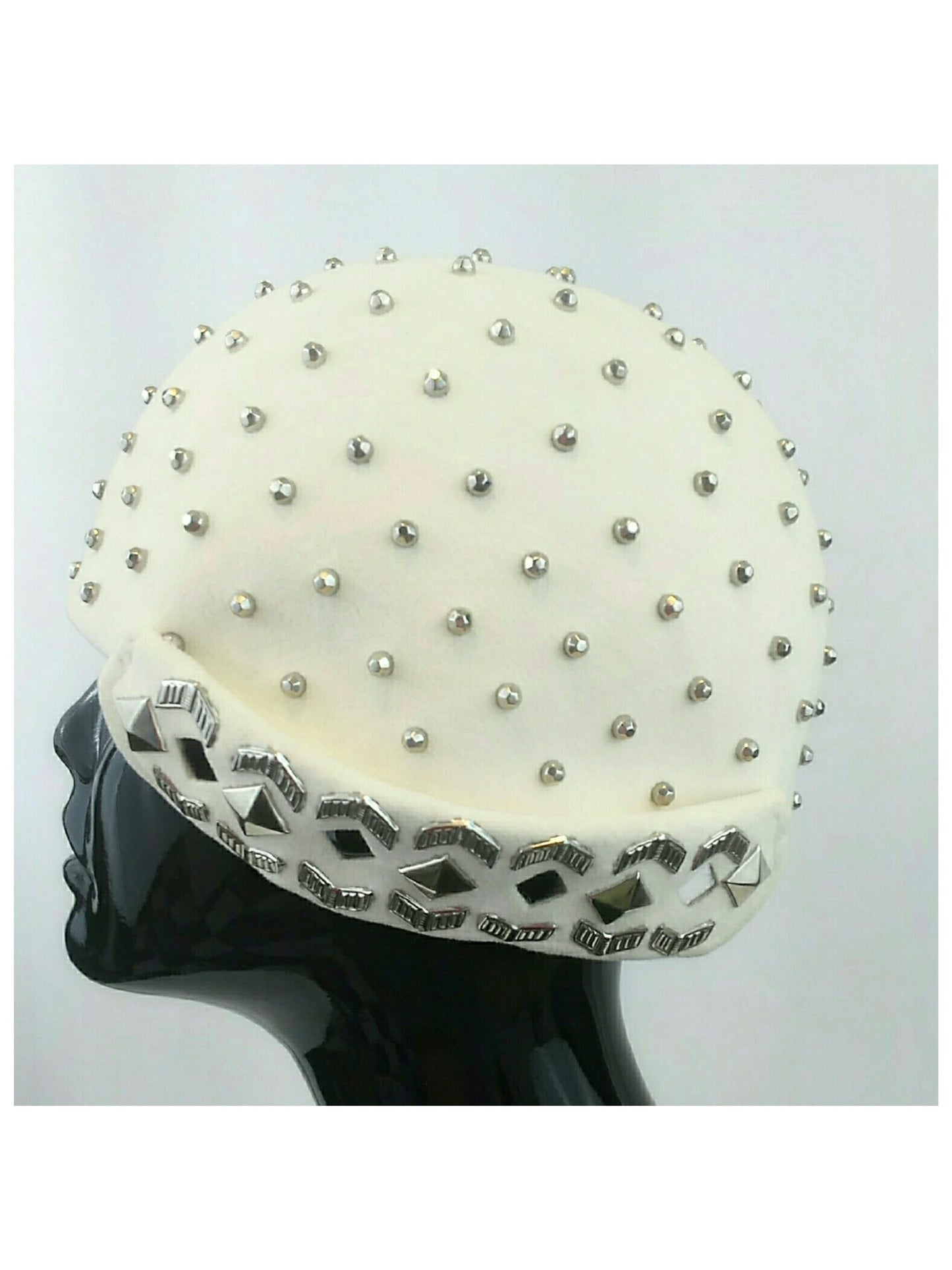 Rare 1950’s Yves Saint Laurent Studded White Felted Fur Cap with Geometric Details