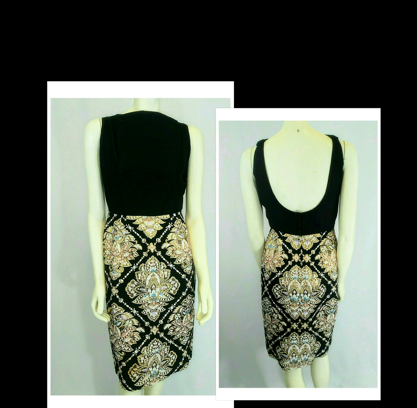 Vintage 50's/60's black wool crepe and brocade lame cocktail sheath dress on a mannequin, showing the back and front views.