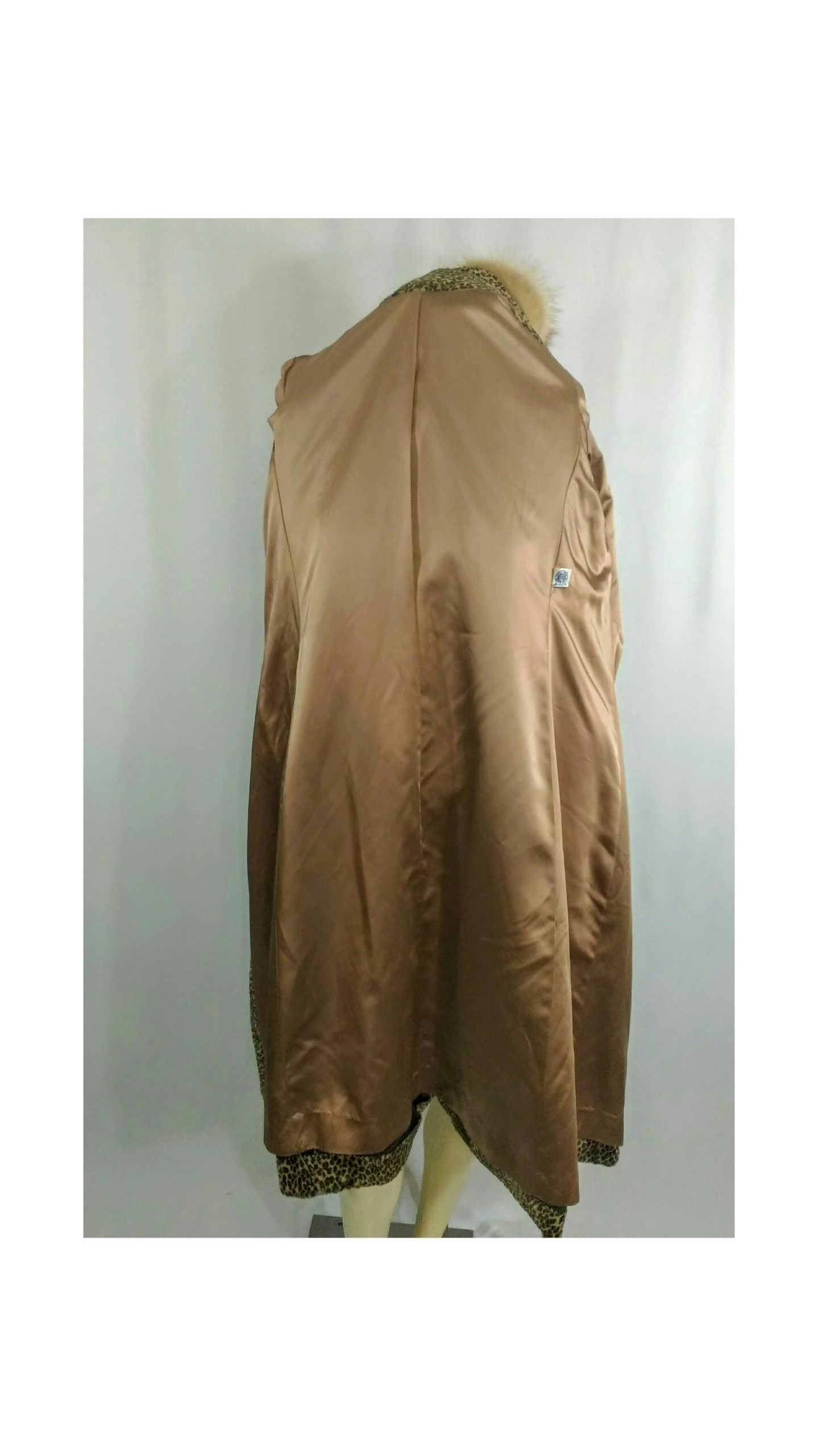 Vintage 1960's Leopard Fur Faux Coat with Genuine Fox Fur- Union Made