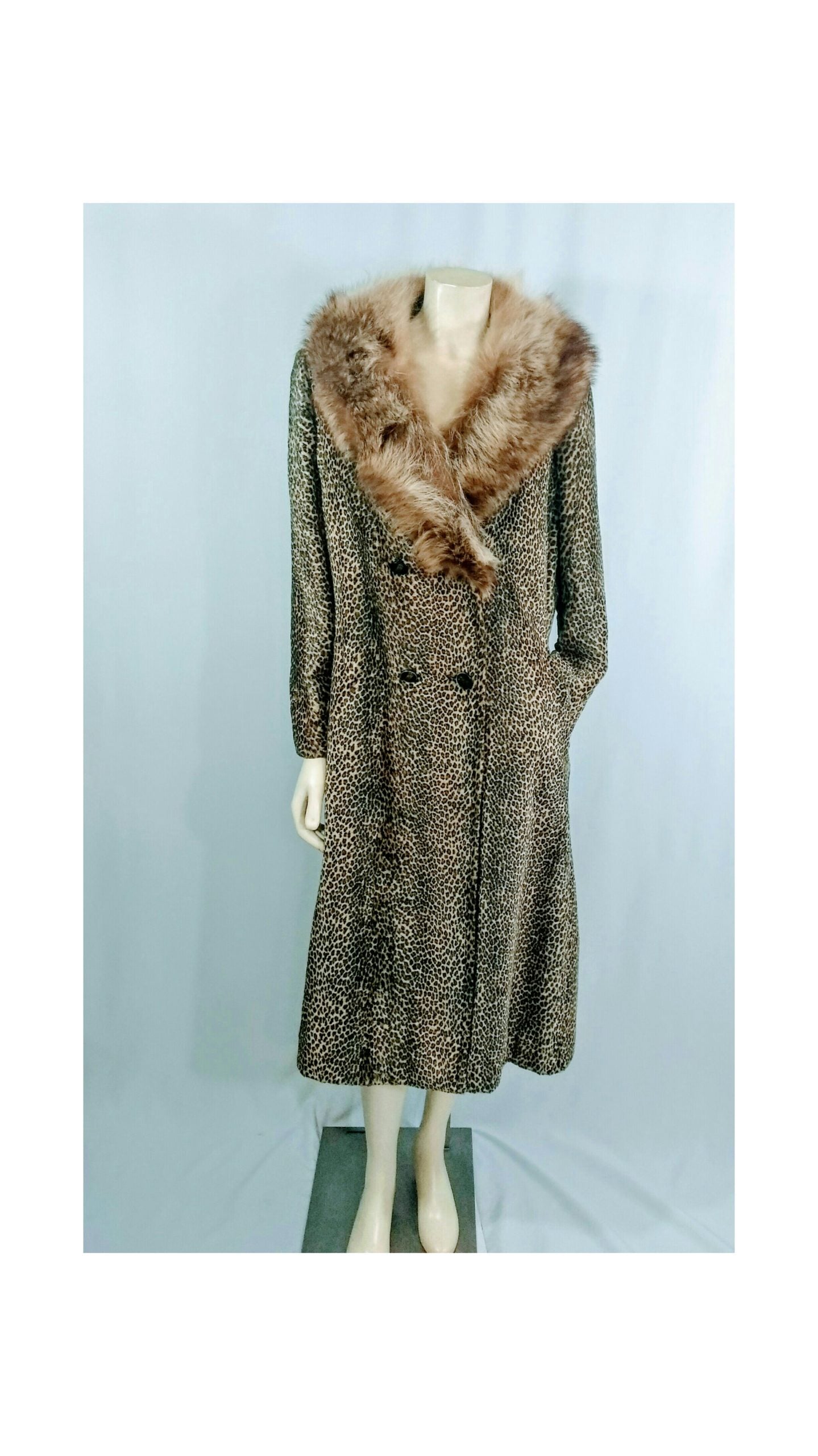 Vintage 1960's Leopard Fur Faux Coat with Genuine Fox Fur- Union Made