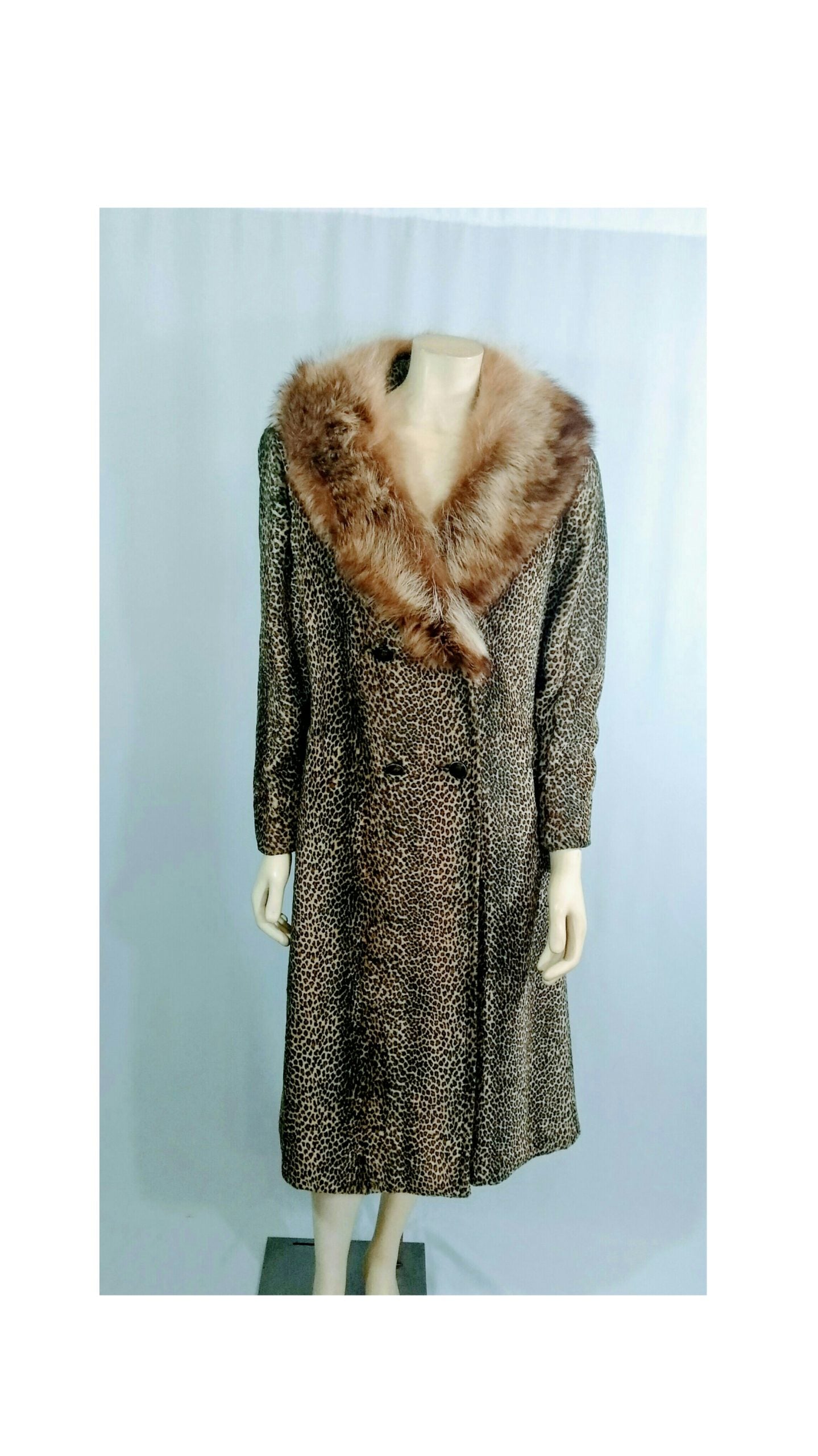 Vintage 1960's Leopard Fur Faux Coat with Genuine Fox Fur- Union Made