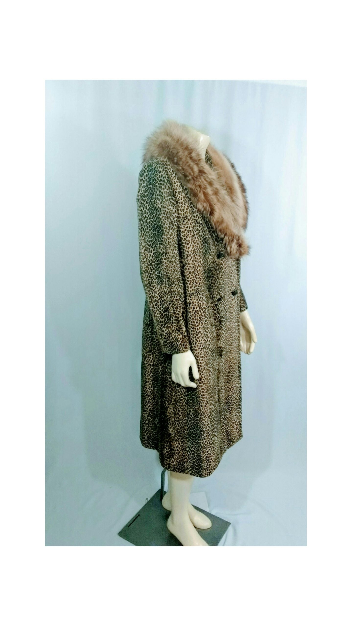 Vintage 1960's Leopard Fur Faux Coat with Genuine Fox Fur- Union Made