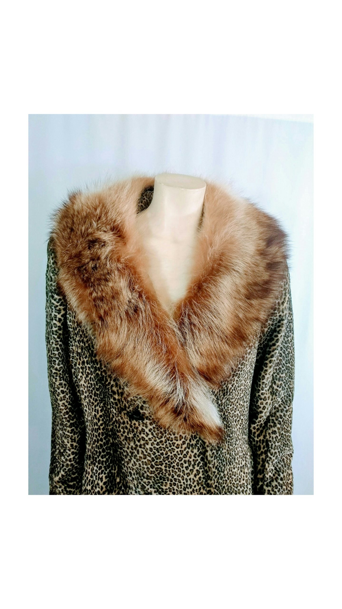Vintage 1960's Leopard Fur Faux Coat with Genuine Fox Fur- Union Made