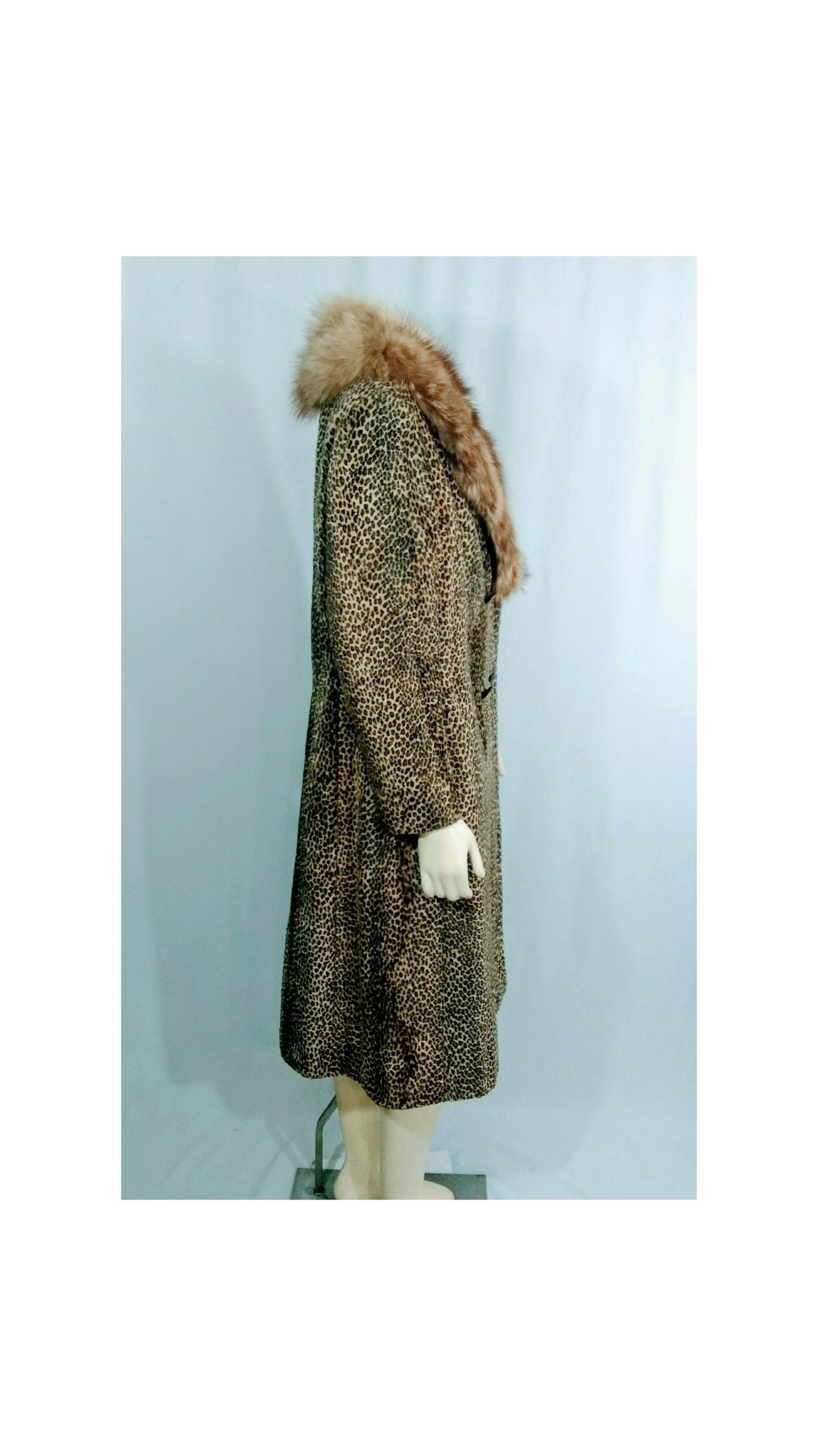Vintage 1960's Leopard Fur Faux Coat with Genuine Fox Fur- Union Made