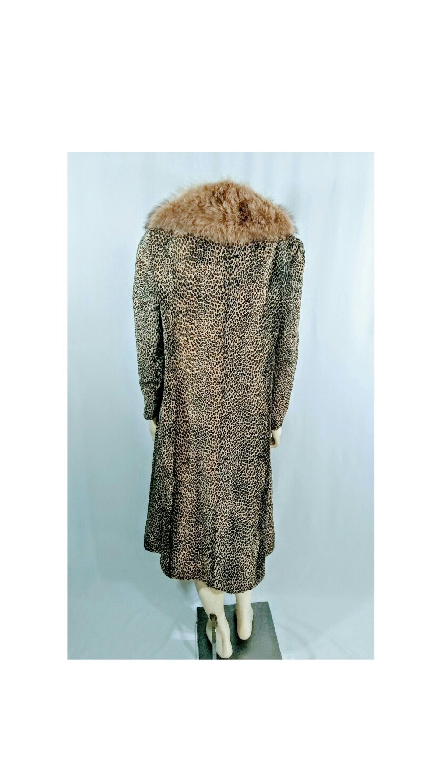 Vintage 1960's Leopard Fur Faux Coat with Genuine Fox Fur- Union Made
