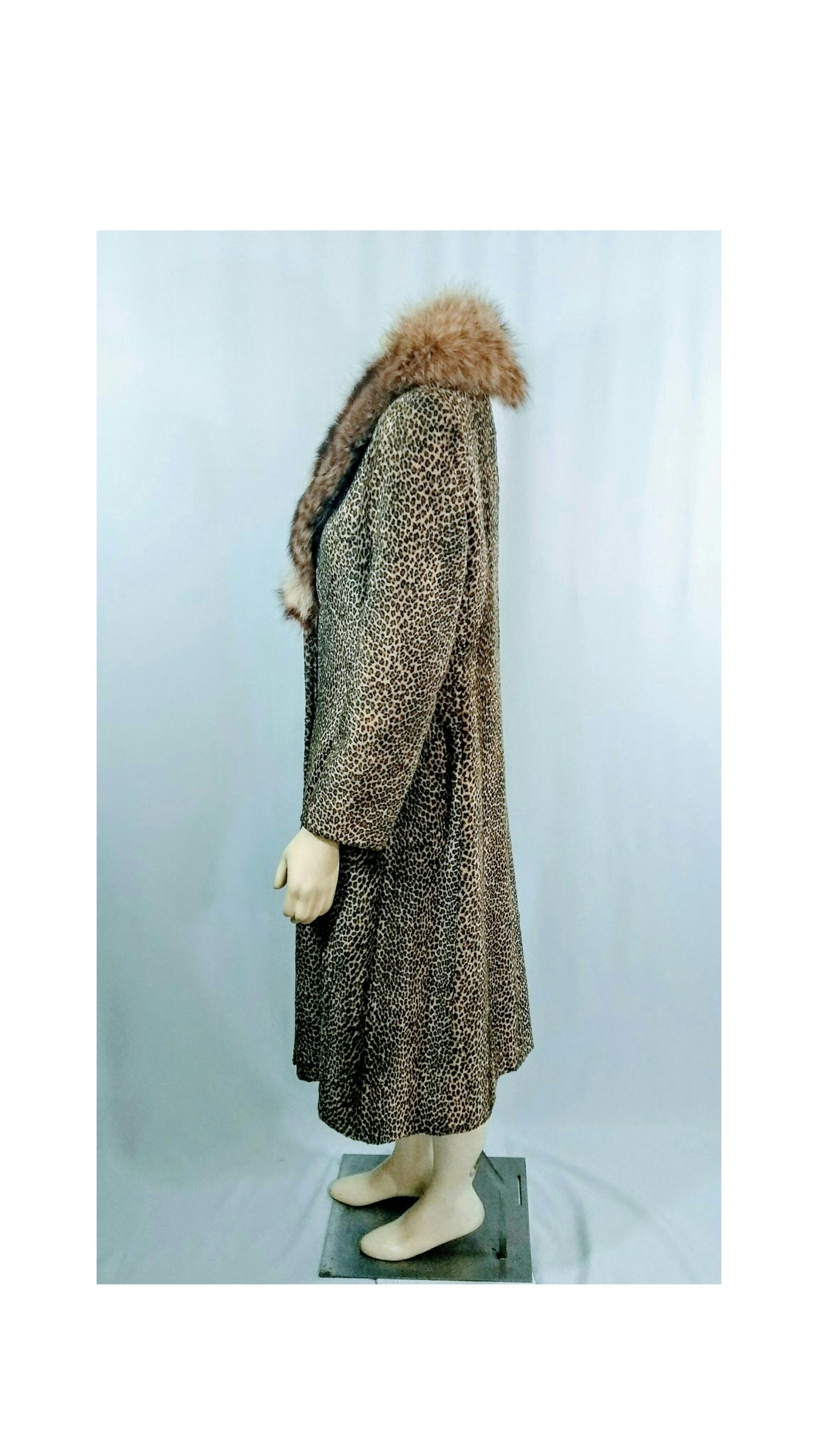 Vintage 1960's Leopard Fur Faux Coat with Genuine Fox Fur- Union Made