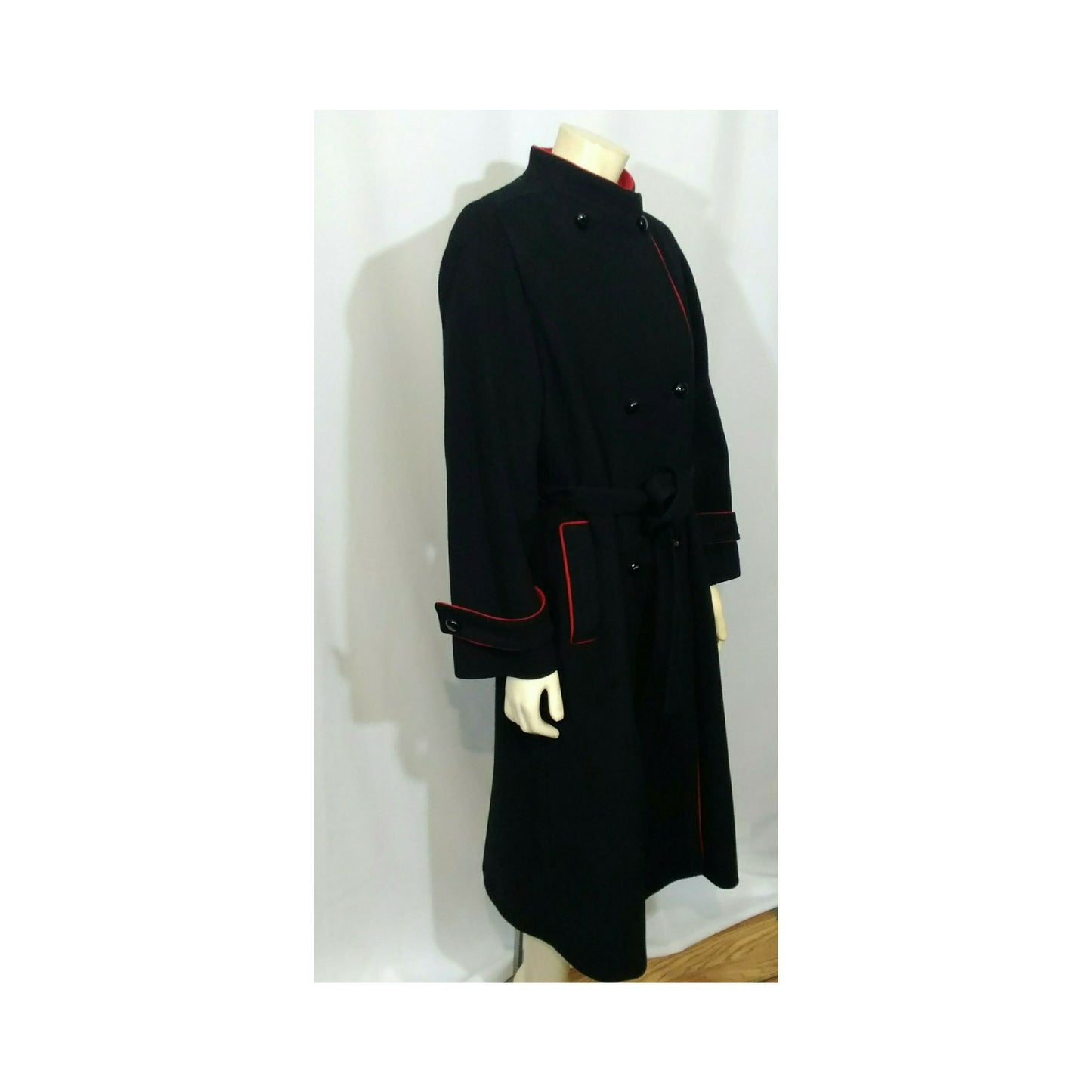 Vintage 1980's Mr. Fred Luxurious Black & Red Belted Coat
