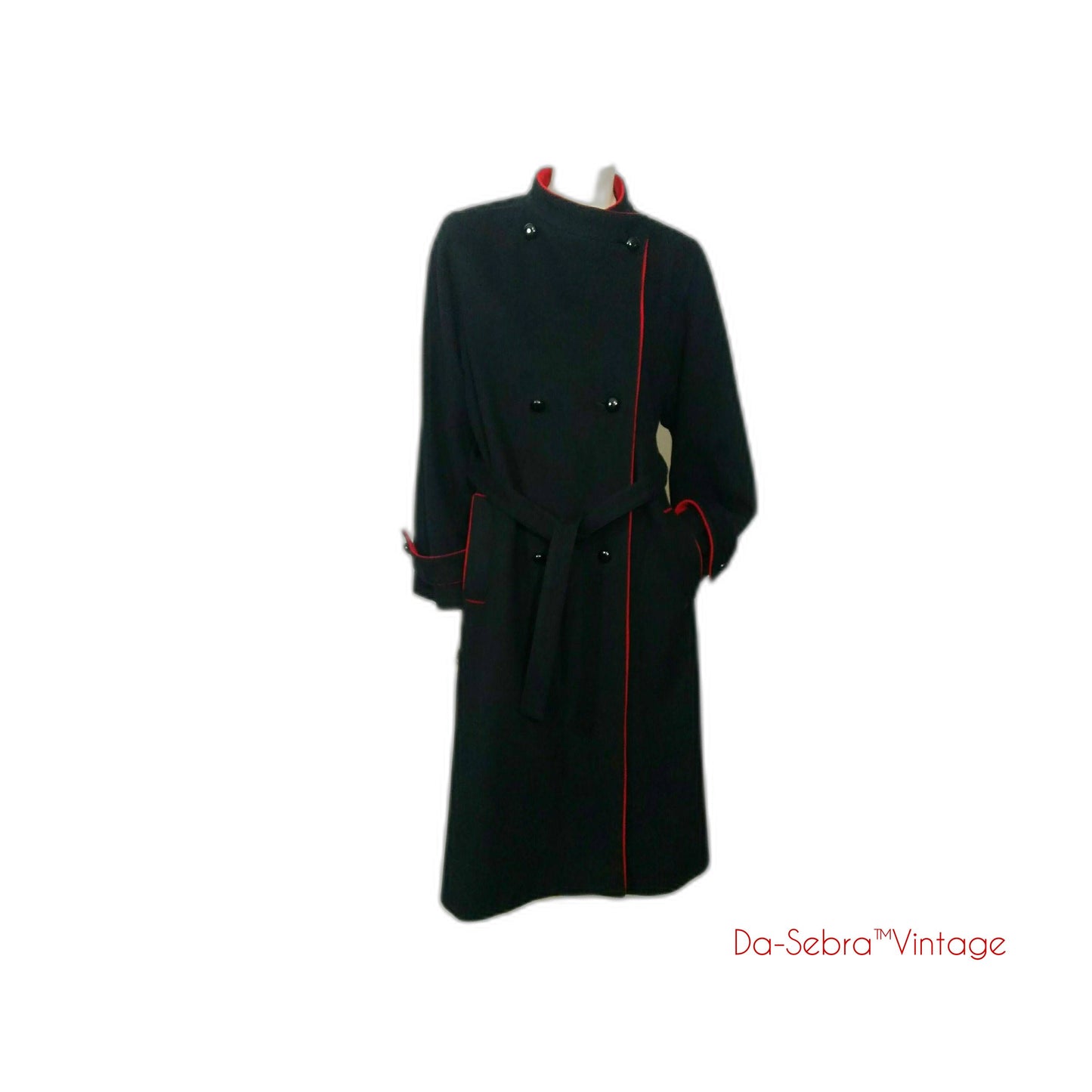 Vintage 1980's Mr. Fred Luxurious Black & Red Belted Coat