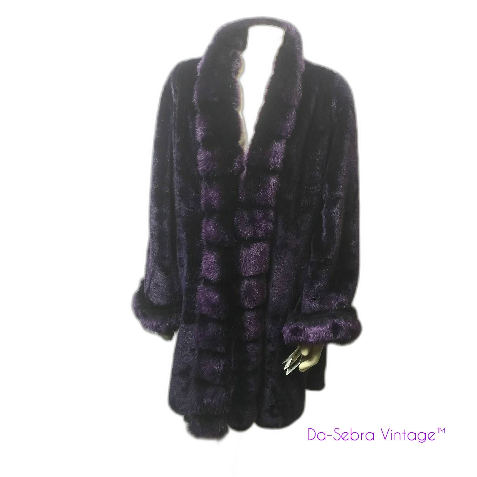 Vintage 1980's purple faux fur coat with tags, displayed on a mannequin.