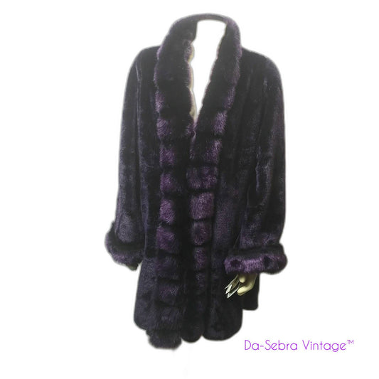 Vintage 1980's purple faux fur coat with tags, displayed on a mannequin.