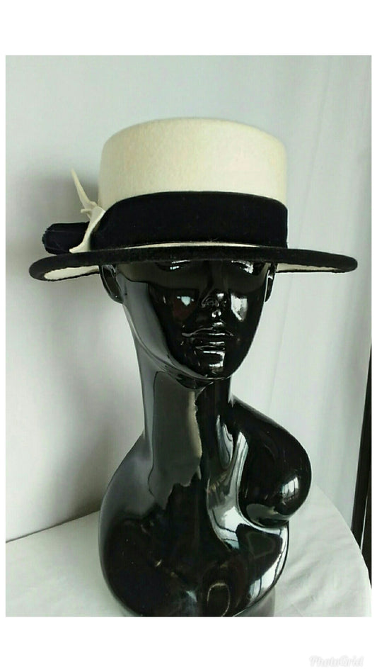 Vintage 1980's Italian made Hat; Winter White Wool and Black Velvet Hat for Nordstrom