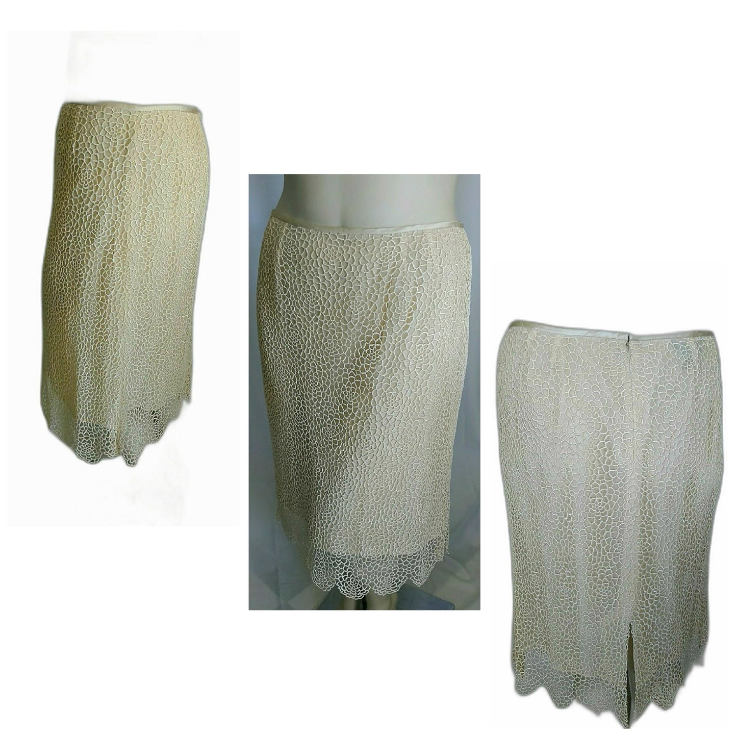 Vintage 1990's Larry Levine Cream Silk and Cotton Suit with Crochet Skirt