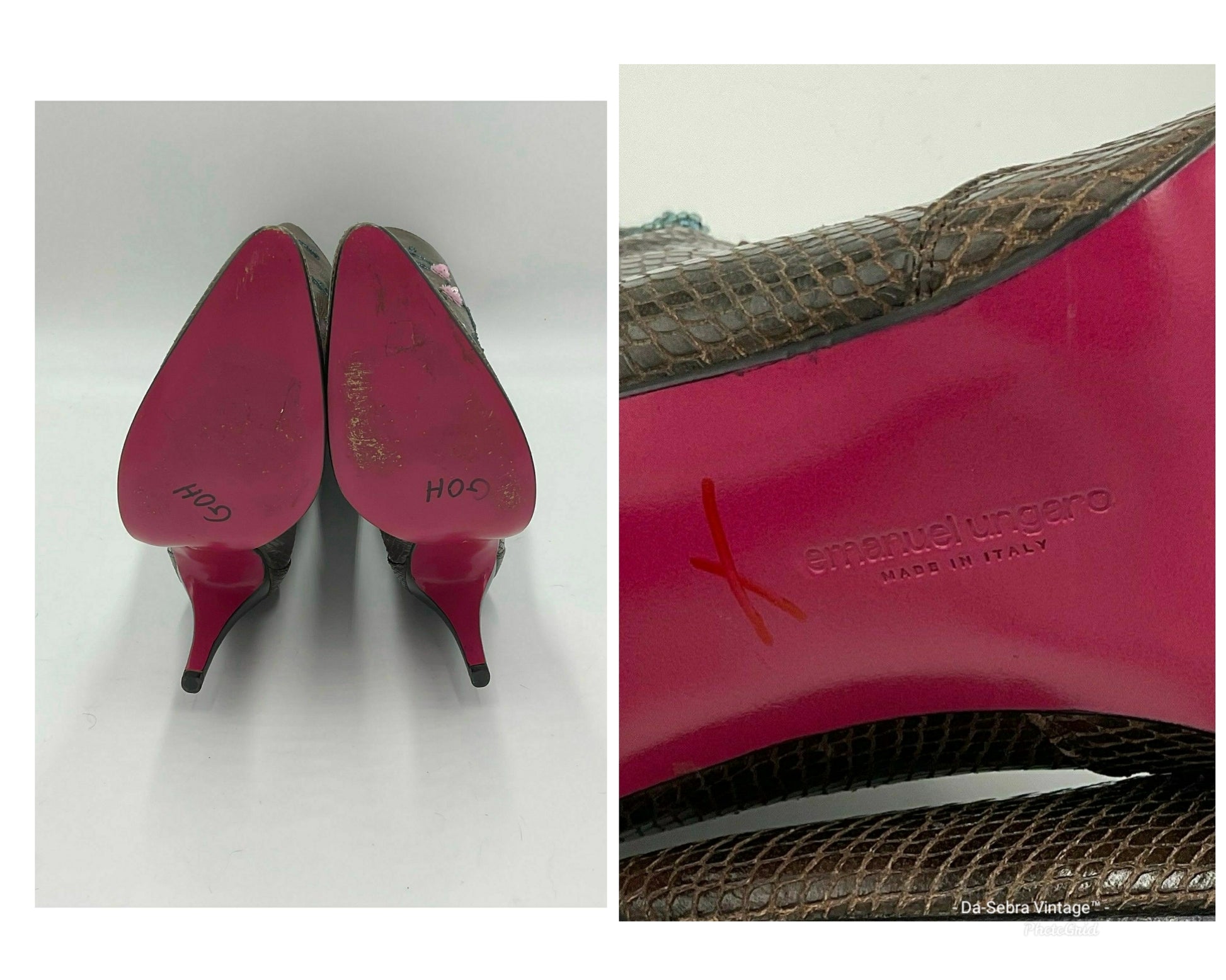 Brown  boots knee-high lizard skin print adorned with intricate sequins and floral details.