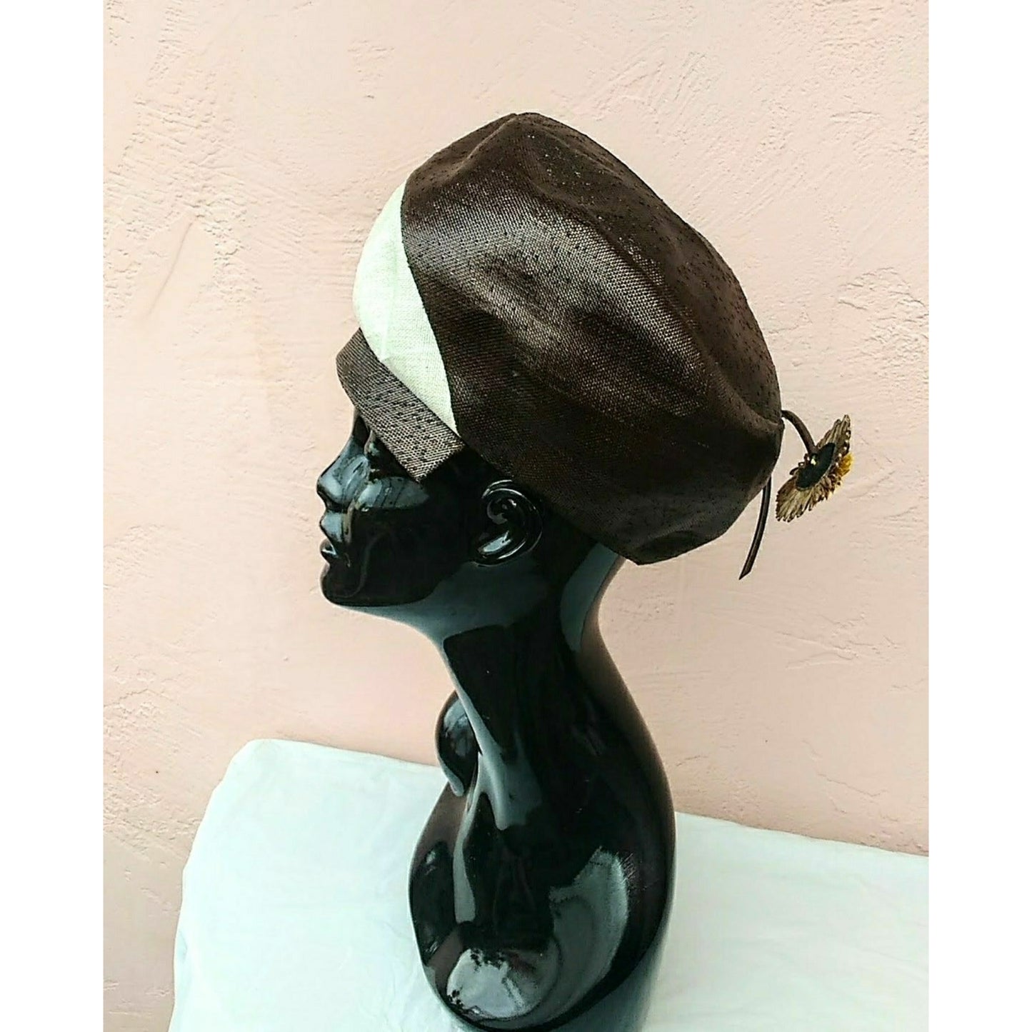 Vintage 1970s Mr. John Classic Two Tone; Beige and Dark Brown Parasisal Straw Hat New York, Paris label