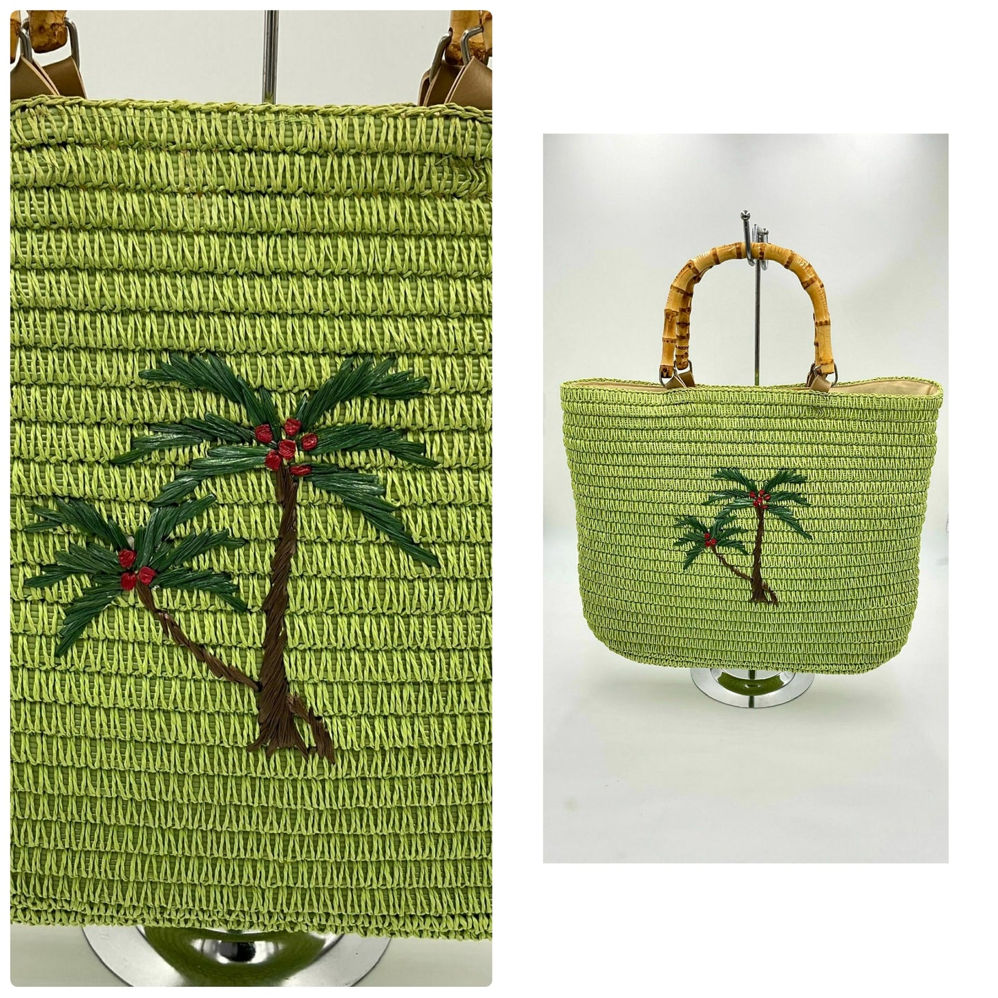 Resort Vintage 80's Lime Green Straw Bag with Tropical Palm Tree Detail