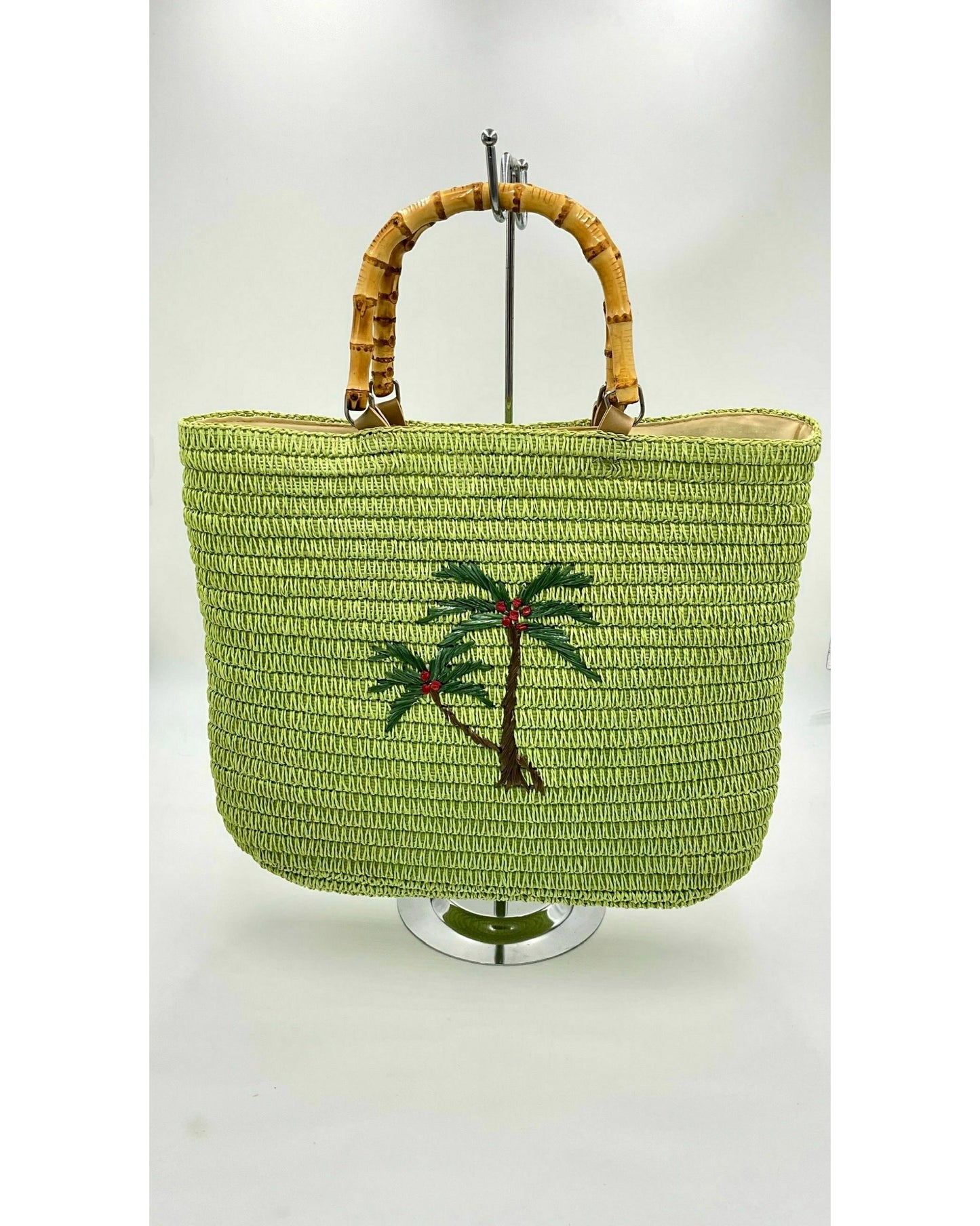 Resort Vintage 80's Lime Green Straw Bag with Tropical Palm Tree Detail