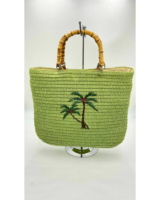 Resort Vintage 80's Lime Green Straw Bag with Tropical Palm Tree Detail