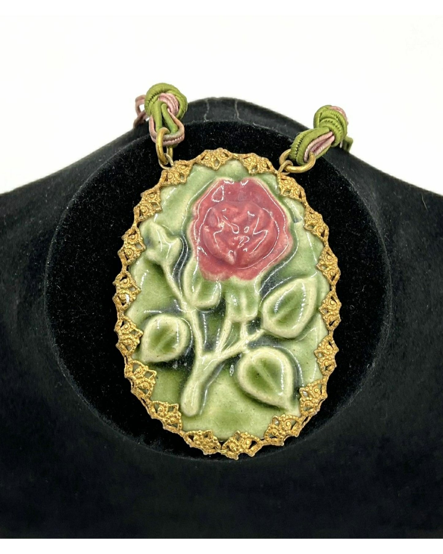 VintageRareMiriamHaskell1970sSignedCeramicRosePendant