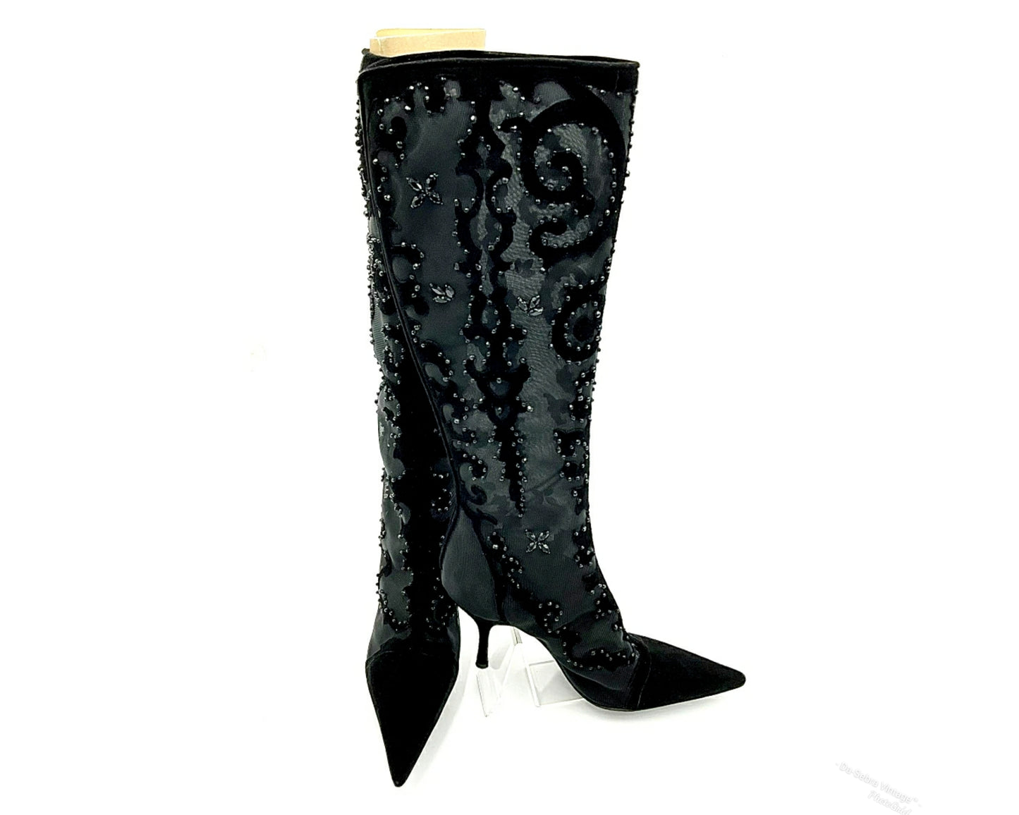Y2K Sergio Rossi Crystal Embellished Black Suede & Crystal Mesh Knee High Boots