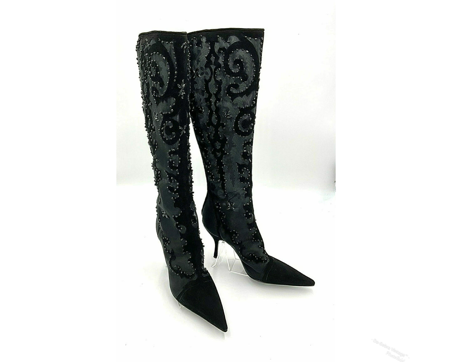 Y2K Sergio Rossi Crystal Embellished Black Suede & Crystal Mesh Knee High Boots