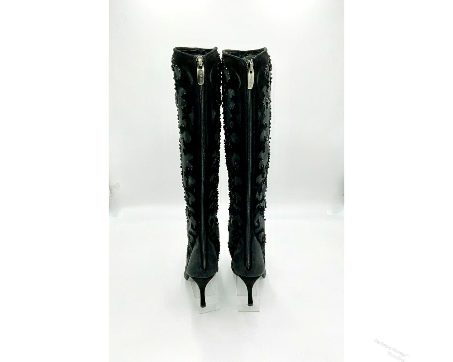 Y2K Sergio Rossi Crystal Embellished Black Suede & Crystal Mesh Knee High Boots