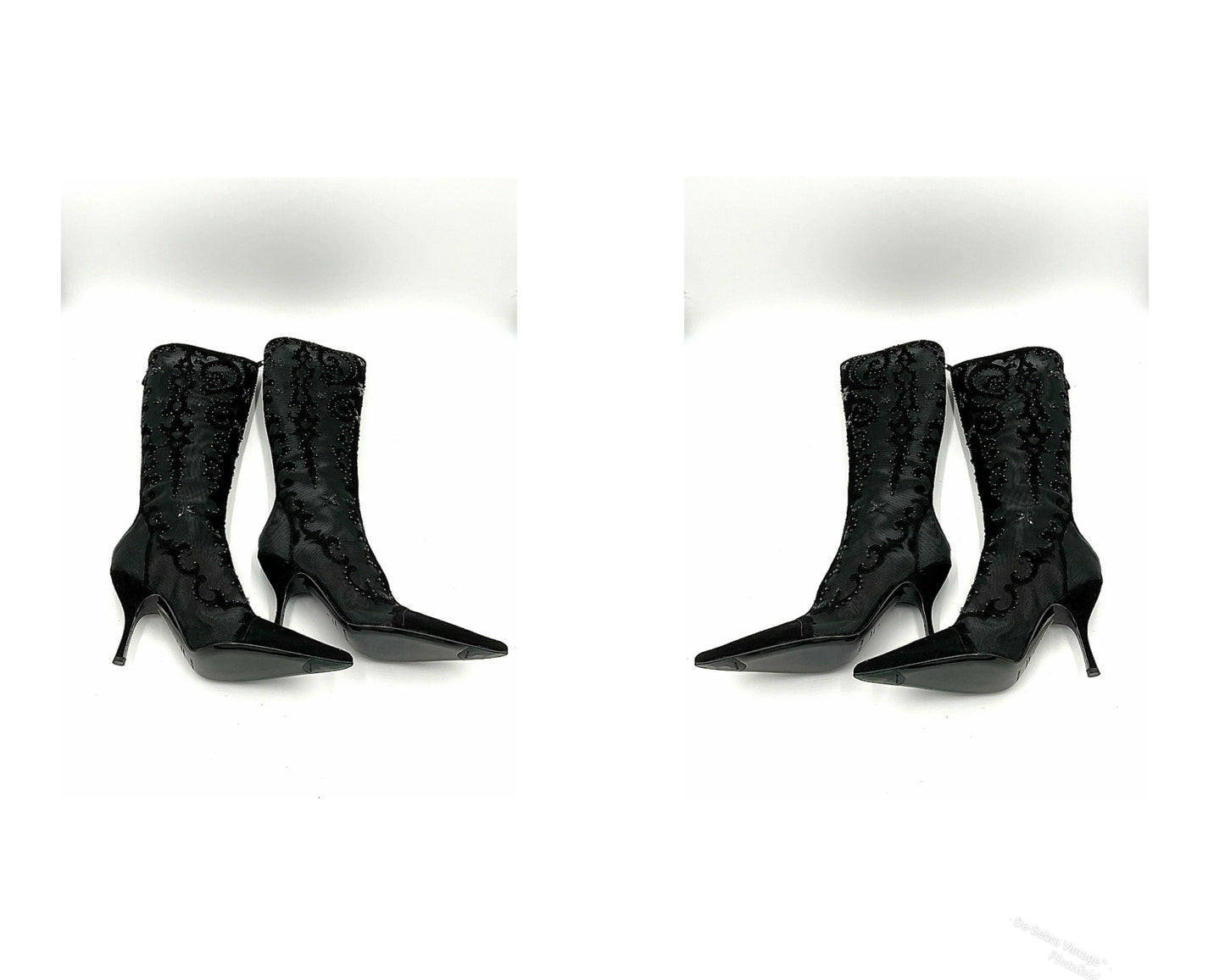 Y2K Sergio Rossi Crystal Embellished Black Suede & Crystal Mesh Knee High Boots