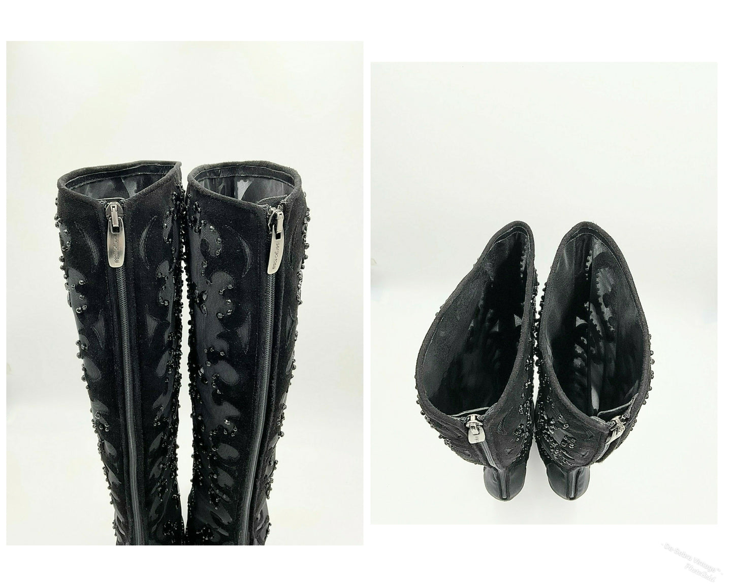 Y2K Sergio Rossi Crystal Embellished Black Suede & Crystal Mesh Knee High Boots