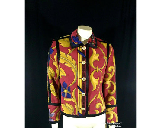 Luxurious Italian made blazer features a vibrant baroque in burgundy, yellow, blue and purple