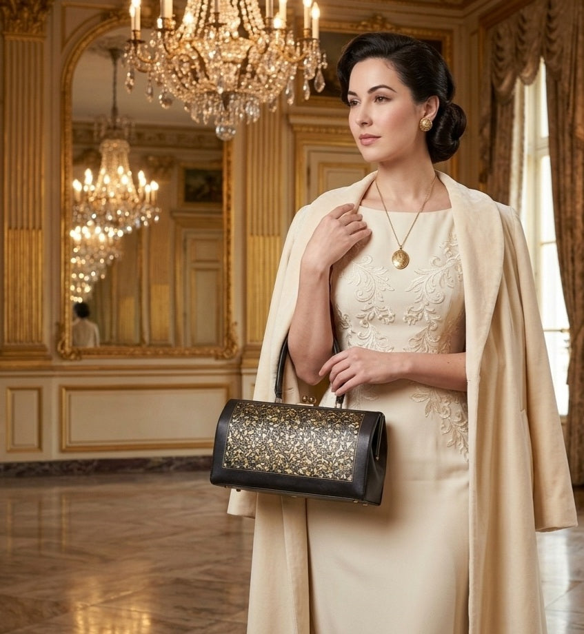  AI model  in an elegant cream-colored dress and matching coat stands in a luxurious room with gold chandeliers, holding a black handbag with a gold-embellished front panel.