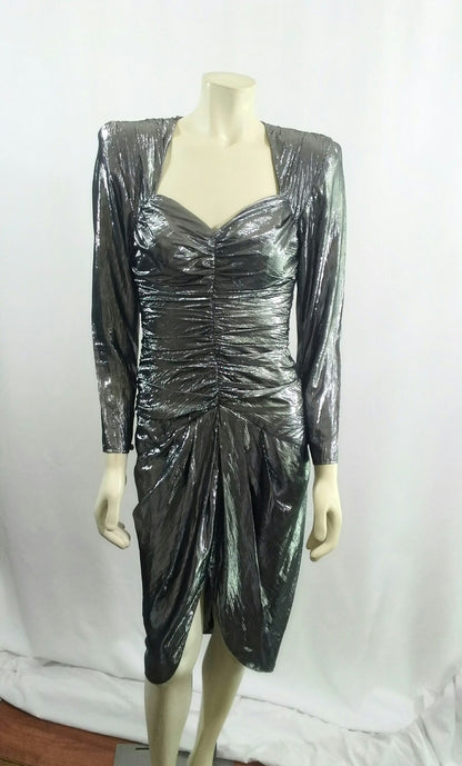 Vintage 1980's B.B. Collection Silver/Gun Metal Metallic Raunch Cocktail Dress with Sweetheart Neckline