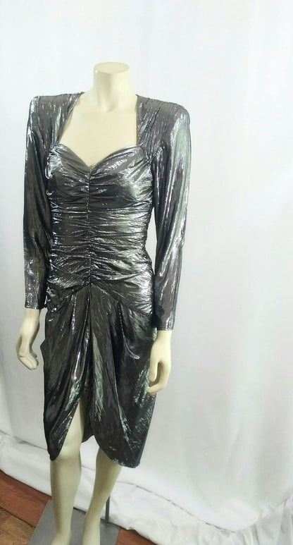 Vintage 1980's B.B. Collection Silver/Gun Metal Metallic Raunch Cocktail Dress with Sweetheart Neckline