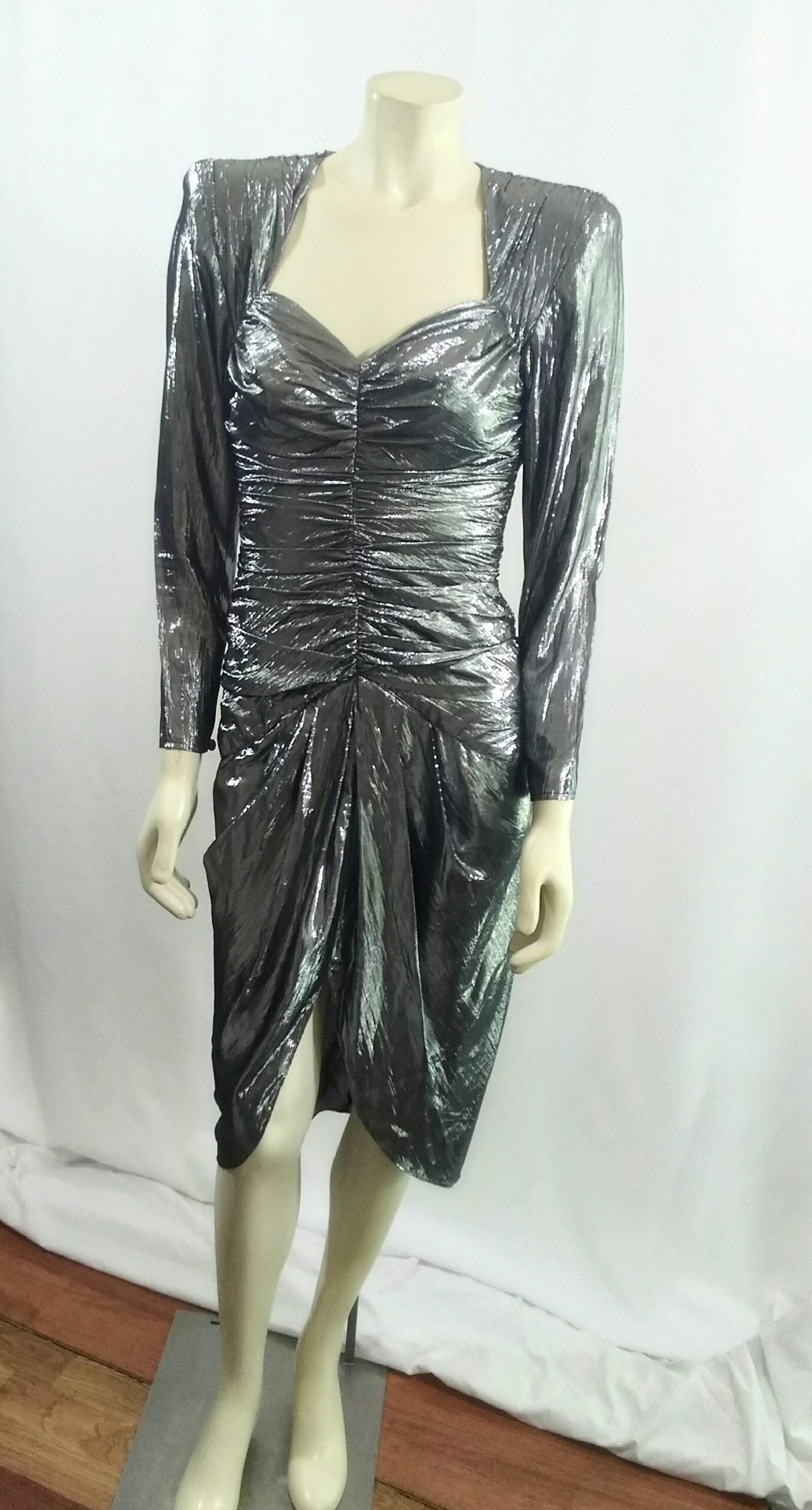 Vintage 1980's B.B. Collection Silver/Gun Metal Metallic Raunch Cocktail Dress with Sweetheart Neckline