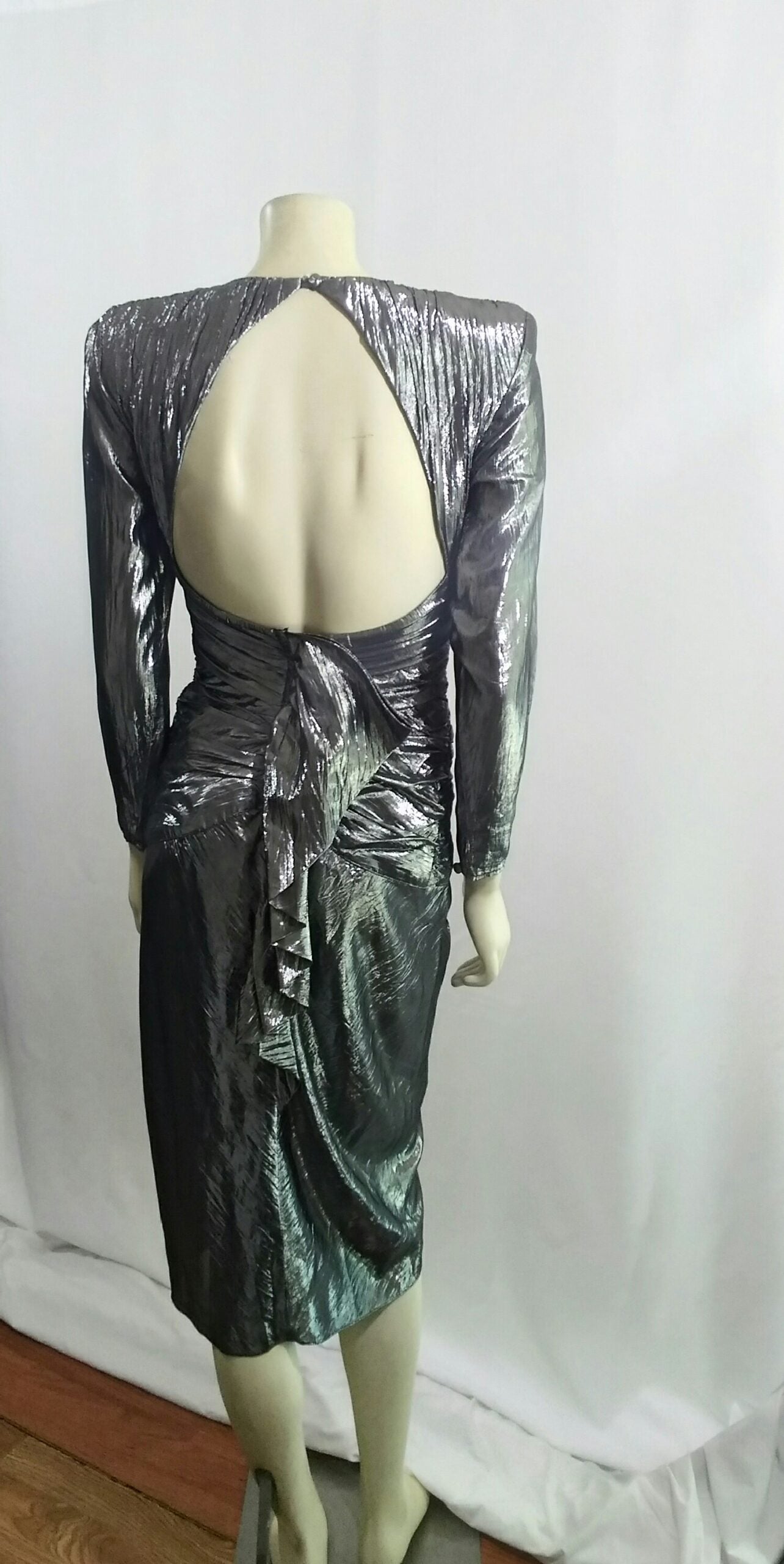 Vintage 1980's B.B. Collection Silver/Gun Metal Metallic Raunch Cocktail Dress with Sweetheart Neckline