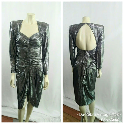 Vintage 1980's B.B. Collection Silver/Gun Metal Metallic Raunch Cocktail Dress with Sweetheart Neckline