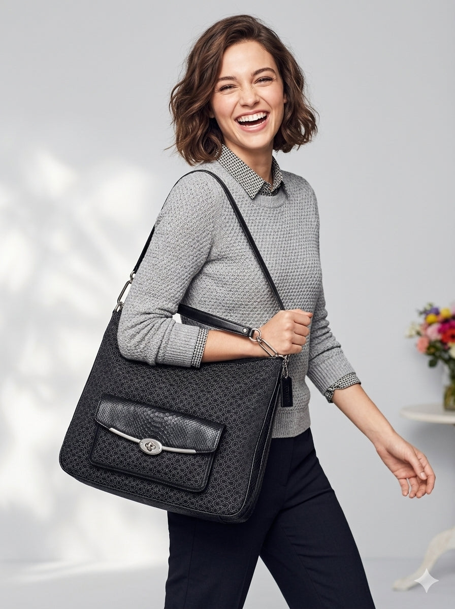 A woman smiling while wearing a Coach black jacquard crossbody bag with a front flap and silver-tone turn-lock closure, styled with a gray textured sweater and dark pants against a light gray background.